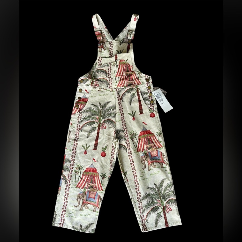 Printed Palm & Elephant Overalls Jumpsuit in Cream and Red